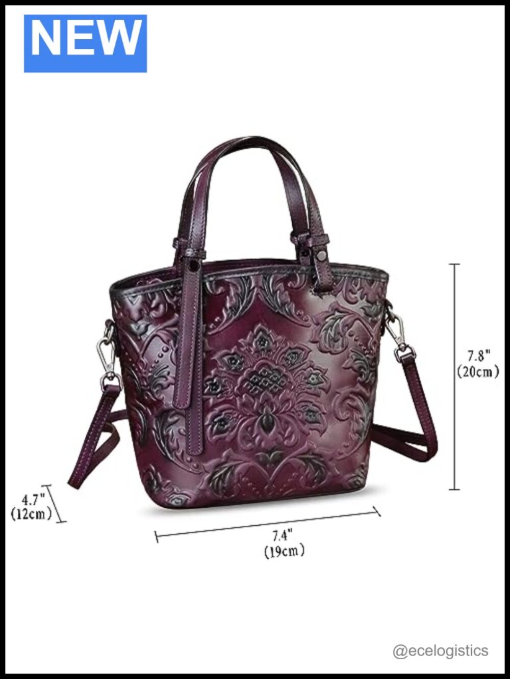 Genuine Leather Satchel Handbag with Embossed Pattern, 3-in-1 Wear, Handmade - Picture 4 of 6